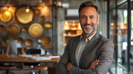Fototapeta premium Confident businessman smiling with arms crossed in a modern office.