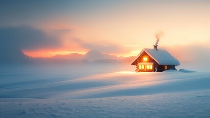 Cozy Cabin in Snowy Winter Landscape
