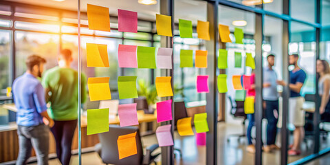 Colorful post-it notes with task lists and goals on a blurred background, symbolizing collaborative IT project planning and team effort in a modern work environment setup.