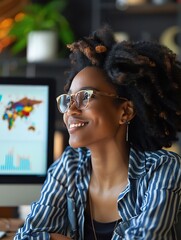 Smiling businesswoman looking away from computer screen.
