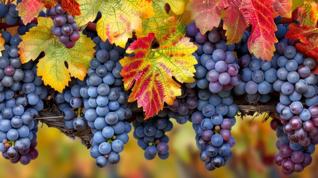 Lush vineyard in autumn, the textured grapevines heavy with brightly colored grapes
