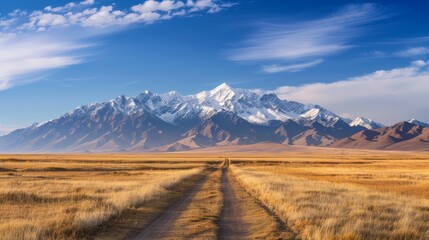 Fototapeta premium Dirt Road Leading to Snowy Mountain Range