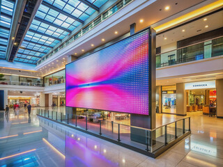 Modern LED screen with empty space for text installation in a bustling shopping mall, vivid colors, sleek design, and clean background, ready for advertisement.