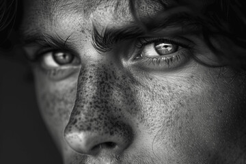 Naklejka premium black and white photography of face with freckles on nose dark background sad expression