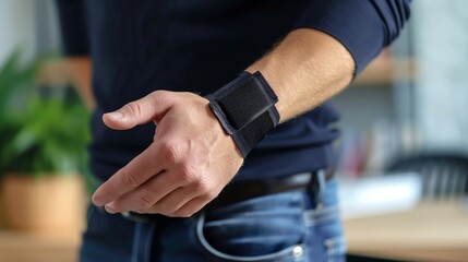 Fototapeta premium Person with carpal tunnel syndrome wearing a wrist brace