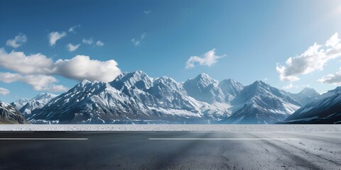 Obraz premium Smooth asphalt road with majestic mountain peaks and clear blue sky
