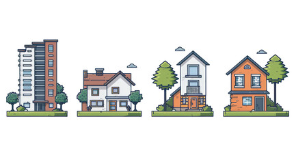 Real estate building, thin outline icon collection set, illustration, vector, white background