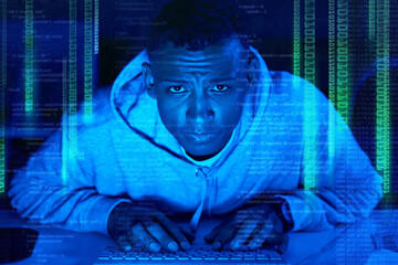 Black man, portrait or hacker coding on overlay of cybersecurity error with holographic for online...