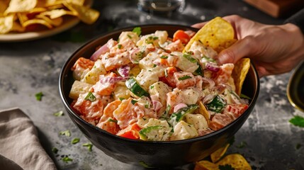 A person is holding a bowl of salad with a variety of vegetables including tomatoes, cucumbers, and onions