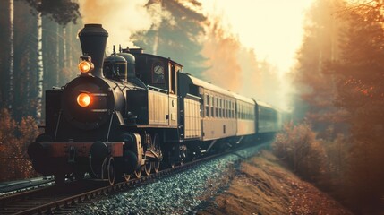 Obraz premium A train is on the tracks with a foggy background. The train is old and rusty. Scene is nostalgic and melancholic