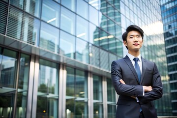 Fototapeta premium Confident Businessman Standing in Front of Modern Office Building.