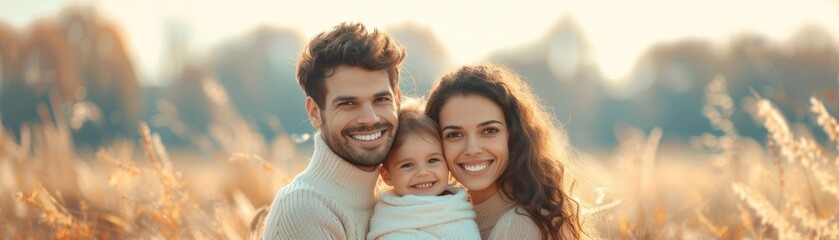 Happy family in autumn field smiling