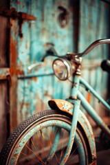 Obraz premium A blue bicycle is leaning against a wooden wall. The bike is old and has a vintage look to it. The leaves on the ground around the bike give it a rustic feel