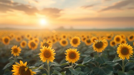 Fototapeta premium Sunlit Field of Blooming Sunflowers at Sunset