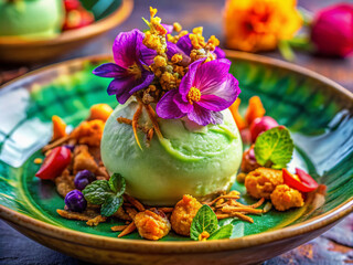 Vibrant neon lights illuminate a whimsical Thai green curry ice cream sundae topped with candied eggplant, crispy shallots, and edible flowers on a colorful avant-garde plate.