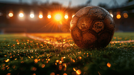 Soccer Ball on Green Field in Stadium with Lights Ready for Game