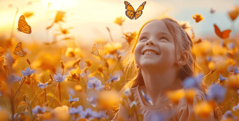 Fototapeta premium Little girl laughing with butterflies in a vibrant spring flower field at sunset