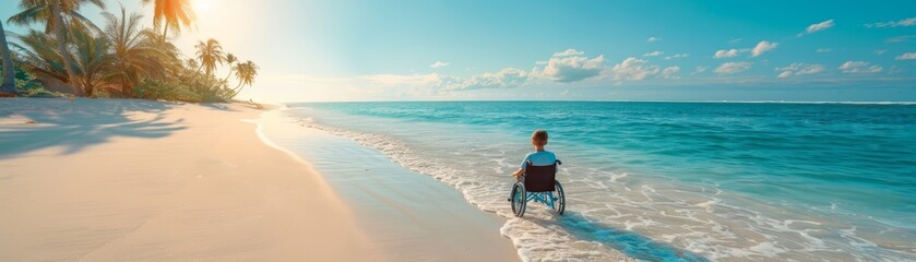 Fototapeta premium Child in Wheelchair on Tropical Beach
