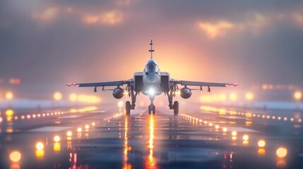 Fighter Jet on Illuminated Runway at Dawn