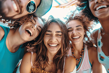 Diverse Friends Smiling and Laughing Together for a Happy Outdoor Selfie - Multicultural Youth Group Enjoying Day