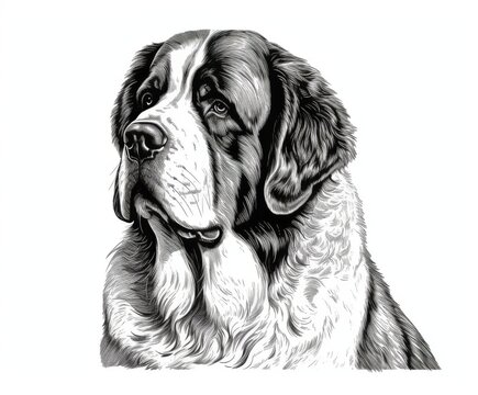 Black and white Vintage engraved art of a Saint Bernard isolated on white background, ink sketch illustration, simple vector art design, highly detailed line art, high contrasty