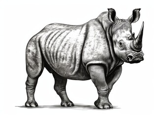Fototapeta premium Black and white Vintage engraved art of a rhinoceros isolated on white background, ink sketch illustration, simple vector art design, highly detailed line art, high contrast