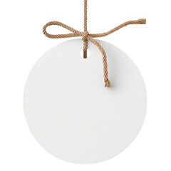 Round white gift tag with brown rope string on transparent background clipart