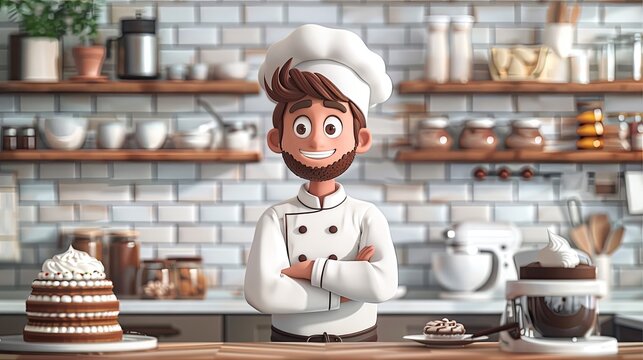 vector, illustration, Professional pastry chef standing near cake with chocolate cream. Man in baker uniform with mixer, flour and cooking equipment on kitchen table flat vector illustration. Confecti
