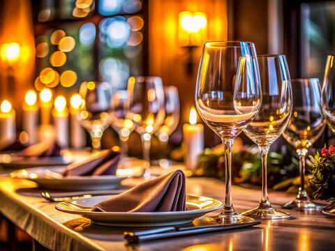 Elegant table setting with candlelight, wine glasses, and exquisite linens, against blurred background of upscale dining area, ideal for product showcase or advertising.