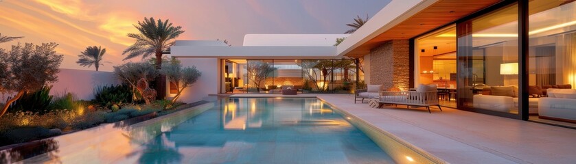 Fototapeta premium A large white house with a pool and a tree in the background. The pool is filled with leaves and the house has a lot of windows