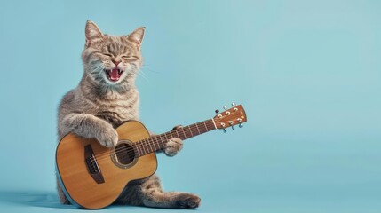 A photo of, a cat happy playing guitar, isolated on a light blue background