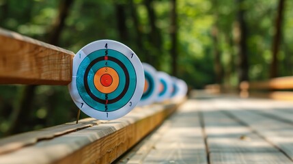 Archery targets lined up in a park, arrows consistently hitting the bullseye