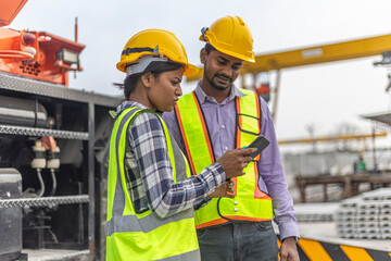 Two constructors or civil engineers using smartphone or tablet to manage progress at a development project site. Applying information and technology for construction work on the ground.