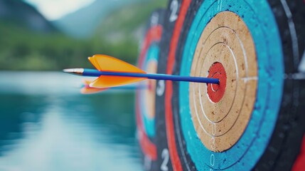 Close-up of arrows piercing the center of a series of archery targets, illustrating accuracy
