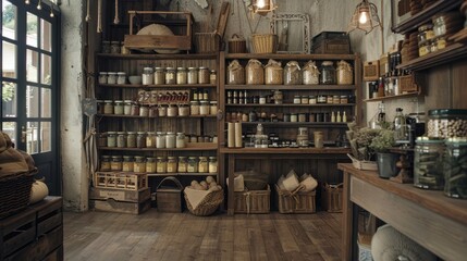 A rustic farmhouse-style store room with wooden crates, hanging baskets, and vintage storage jars filled with essentials.