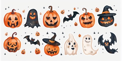 Vibrant Collection of Rhinestone Halloween Stickers Featuring Glittery Pumpkins, Bats, and Spiders on a Stark White Background