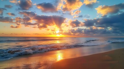 Early morning beach with a spectacular sunrise and vibrant clouds, showcasing the start of a new day