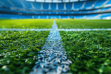 high-resolution 3D illustration of empty soccer stadium with green grass field and white lines, view from stands, ideal for adding text or images