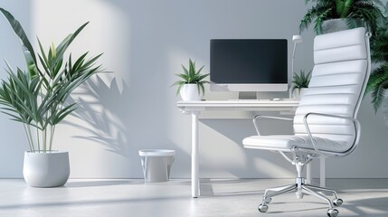 A white office chair sits in front of a computer monitor. The chair is positioned in front of a desk with a computer, a cup, and a potted plant. The room is filled with greenery, creating a calming