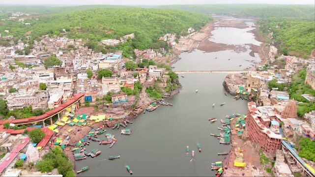 Aerial view of waterway town with boats
