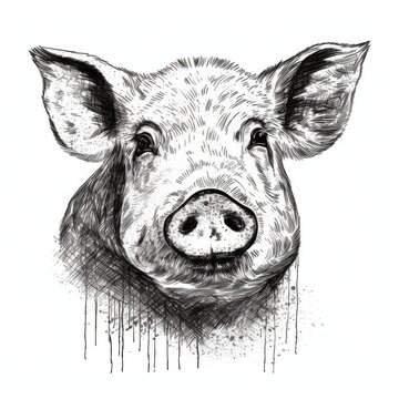 recommend clip art: Black and white Vintage engraved art of a pig portrait isolated on white background, ink sketch illustration, simple vector art design, highly detailed line art, high contrasty
