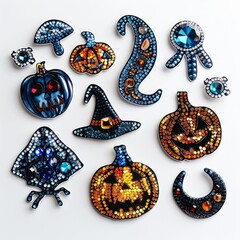 Fototapeta premium Vibrant Collection of Rhinestone Halloween Stickers Featuring Glittery Pumpkins, Bats, and Spiders on a Stark White Background