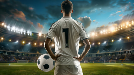 a soccer player with number 1 on the jersey stands in front of the stadium and holds a soccer ball