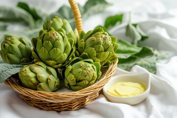 Obraz premium Whole Artichokes in Wicker Basket with Green Leaves on White Tablecloth. Natural Light Photography