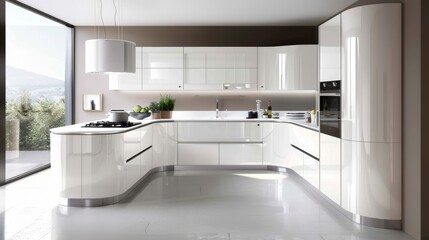 A modern kitchen with sleek cabinets featuring a glossy lacquer finish, reflecting light and enhancing the space