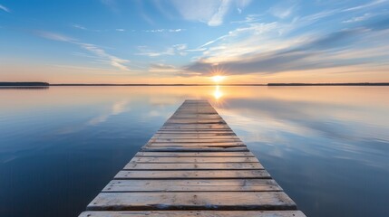Fototapeta premium A serene lakeside dock made from aged timber, with calm waters and a beautiful sunset in the background