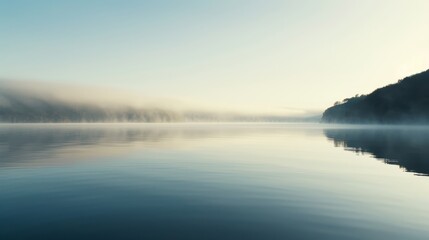 Fototapeta premium A serene lake overlaid with a thin layer of mist, the water surface barely visible, creating a peaceful and ethereal morning scene