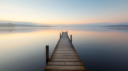 Fototapeta premium A serene lakeside dock made from aged timber, with calm waters and a beautiful sunset in the background