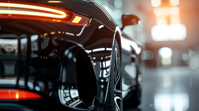 A sleek black sports car with a mirror-like lacquer finish, highlighting every curve and detail under bright lights