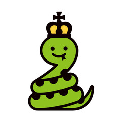 とぐろを巻いた、かわいい蛇のイラスト。王冠をかぶった、太い輪郭線の蛇のイラスト素材。